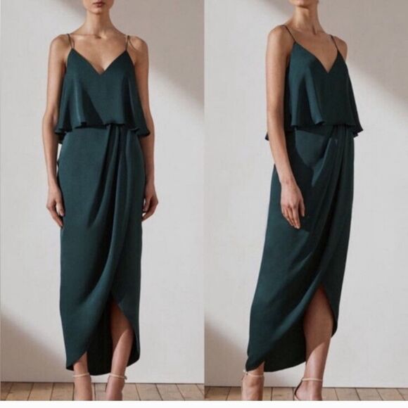 NEW SHONA JOY Luxe Cocktail Frill Blouson Midi Dress Emerald Size 6 NWT - Picture 1 of 11